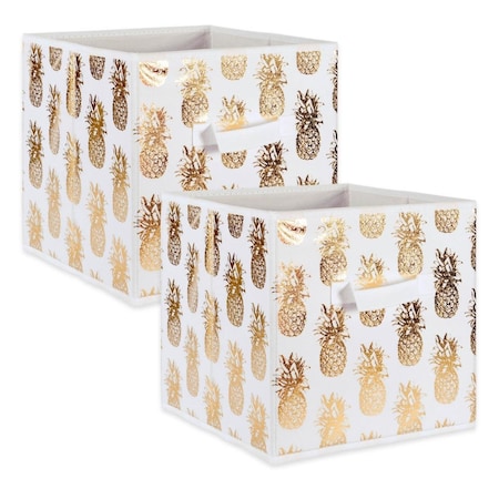 11 X 11 X 11 In. Nonwoven Pineapple Square Polyester Storage Cube, White & Gold - Set Of 2
